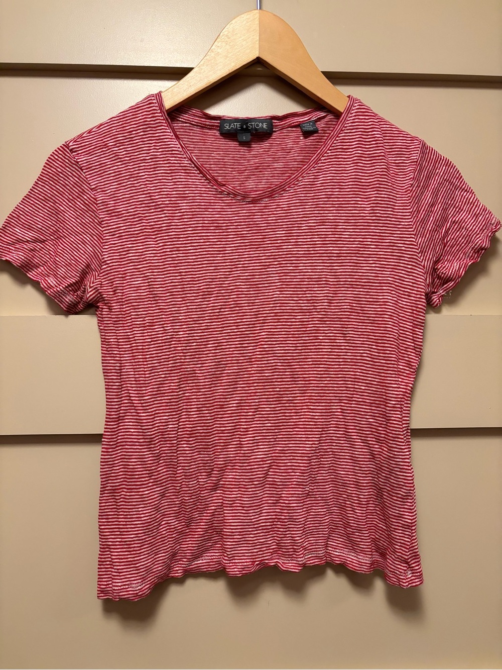 SLATE & STONE Linen Viscose Lightweight Slim Baby Tee Crew Crop Red White Stripe